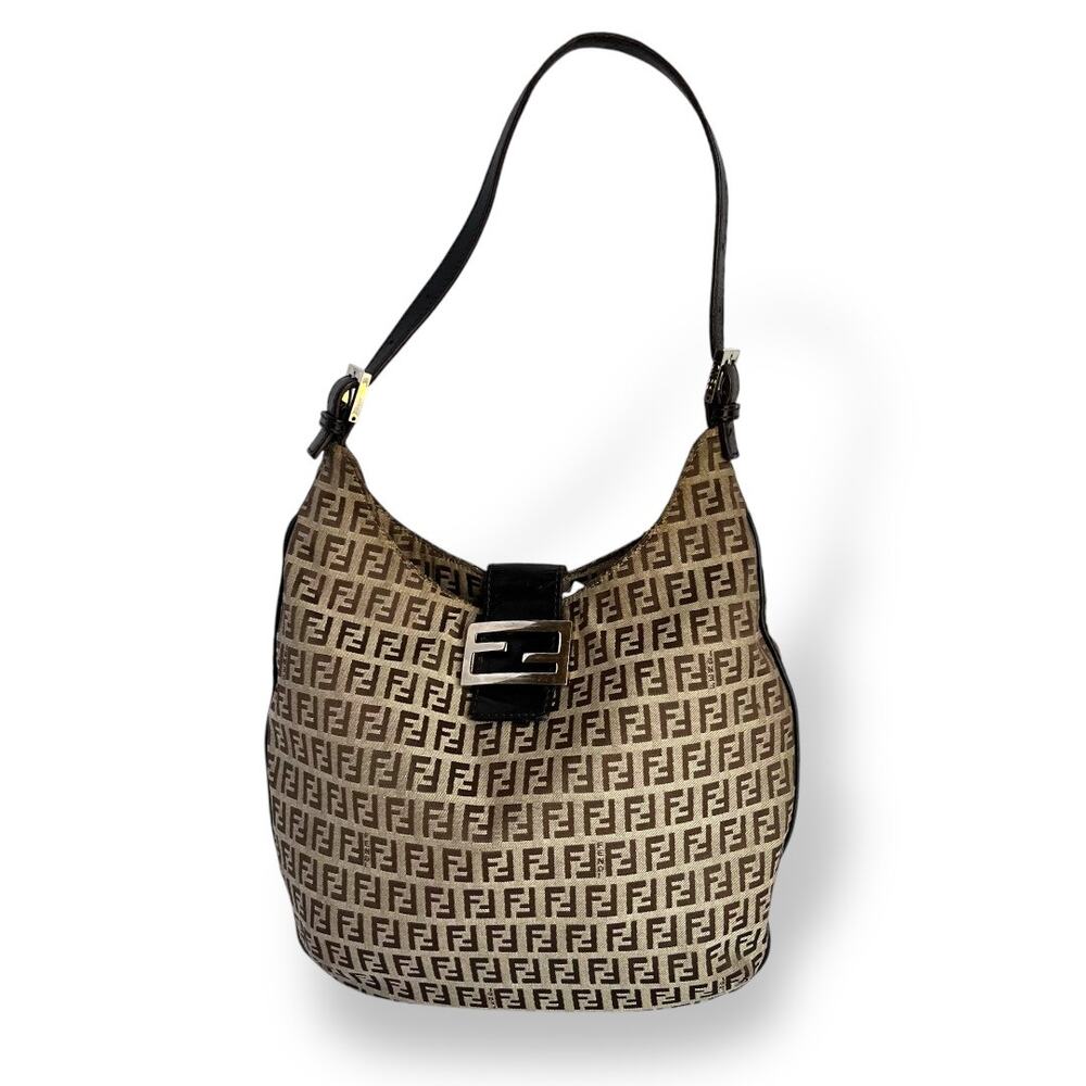 Fendi Tan and Brown Zucca Canvas Shoulder Hobo Tote Bag